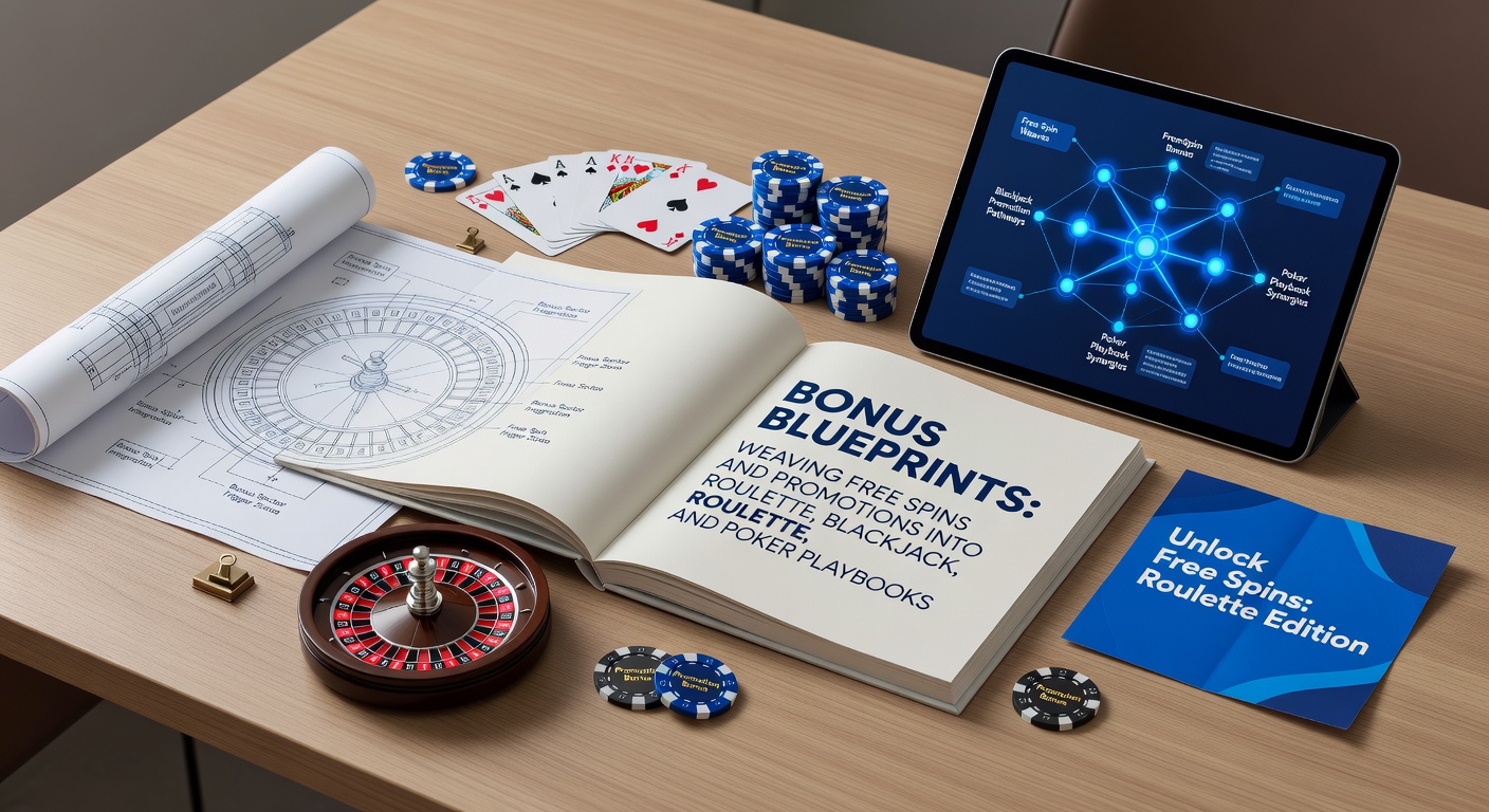 Detaillierte Blaupause, die Bonusflüsse von Free Spins zu Tischspiel-Einsätzen zeigt, mit Grafiken zu Roulette, Blackjack und Poker