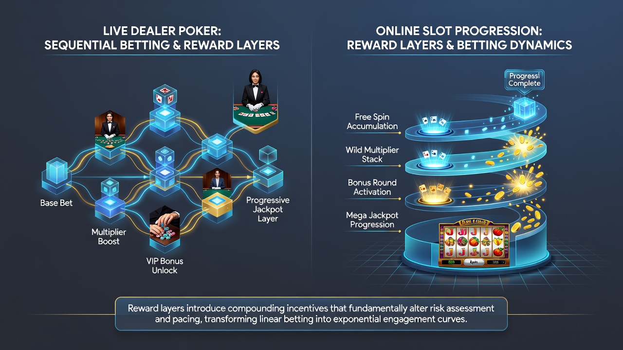 Grafik veranschaulicht sequentielle Wettanpassungen in Slots und Poker durch Belohnungsschichten